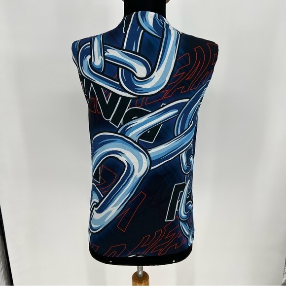 PINKO Logo Chain Print Blue White Sleeveless Tie Bow Blouse‎ - Picture 8 of 14